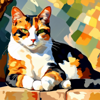 Charming Calico cat relaxing in the sun, Cézanne-like strokes.
