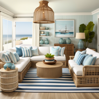  (Living Room Description): Step into a serene coastal living room, with shades of blue and sea-inspired decor. (Furniture Description): You'll find a white-washed rattan sofa, a driftwood coffee table, and nautical striped accent chairs. (Famous Interior Designer Style): Influenced by the coastal elegance of Nate Berkus, this living room radiates relaxed beachside vibes.