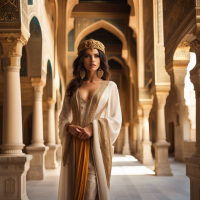 A statuesque Middle Eastern model dressed in regal attire, amidst the grandeur of an ancient palace.