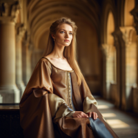 A dignified European model in renaissance attire, captured in the grandeur of an ancient castle.