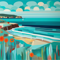 Whimsical seascapes, in the style of Hockney, with bright hues of turquoise and aquamarine.