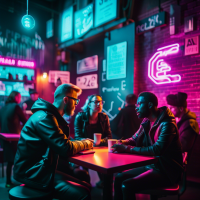 Cyberpunk writers gather in neon-lit cafes for spoken word performances.