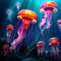 Radioactive jellyfish in a sea of liquid methane, extraterrestrial life forms, gorgeous photorealism, Mesmerizing artwork